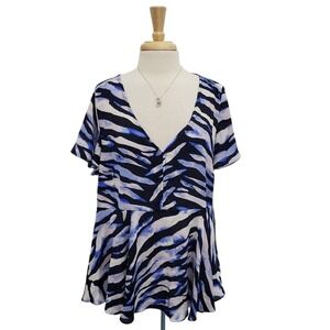 Torrid Babydoll Top Size 1X Blue Black Zebra Animal Print Flutter Sleeve V-Neck